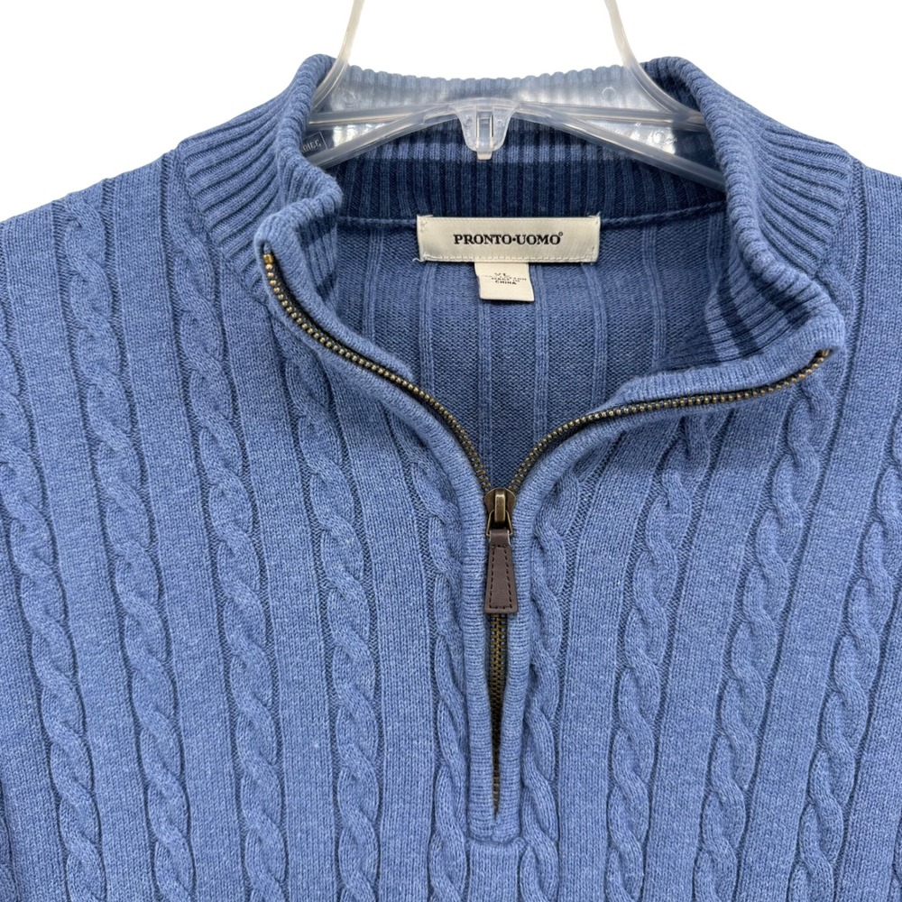 PRONTO UOMO Mens Blue Cable Knit 1/4 Zip Cotton Sweater XL